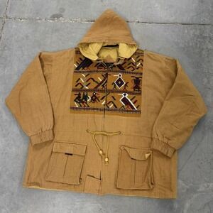 Vintage aztec western Tapestry Panel Hooded Jacket Tan Canvas Full Zip XXL